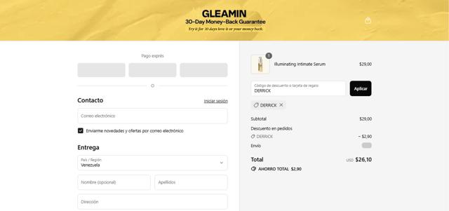 Gleamin checkout page showing Gleamin discount code box | Screenshot taken by SimplyCodes community member on Sep 6, 2025