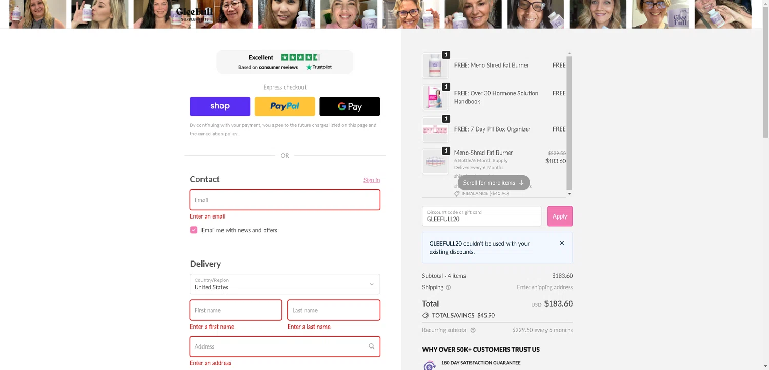 GleeFull promo code screenshot showing code GLEEFULL20 applied at GleeFull checkout page. Uploaded by SimplyCodes community member VictoriousFinder4393 on Nov 14, 2025