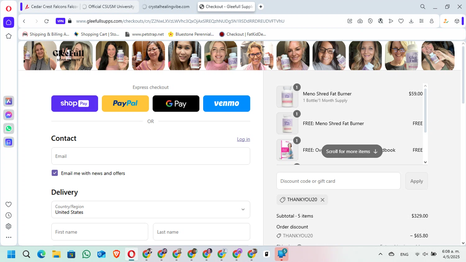 GleeFull promo code screenshot showing code THANKYOU20 applied at GleeFull checkout page. Uploaded by SimplyCodes community member ManuelF on May 4, 2025