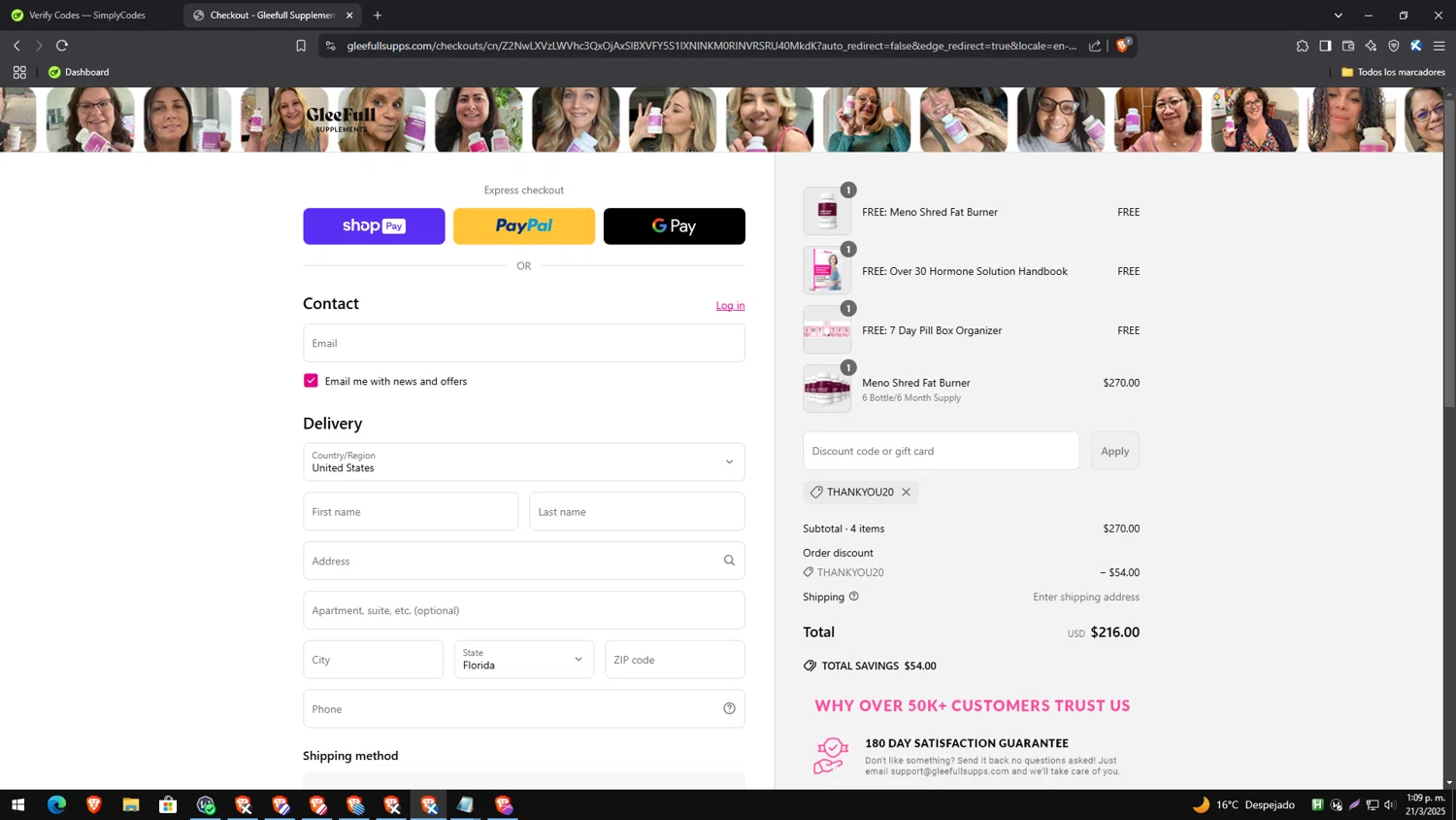 GleeFull promo code screenshot showing code THANKYOU20 applied at GleeFull checkout page. Uploaded by SimplyCodes community member PrimeExpert2544 on Mar 21, 2025
