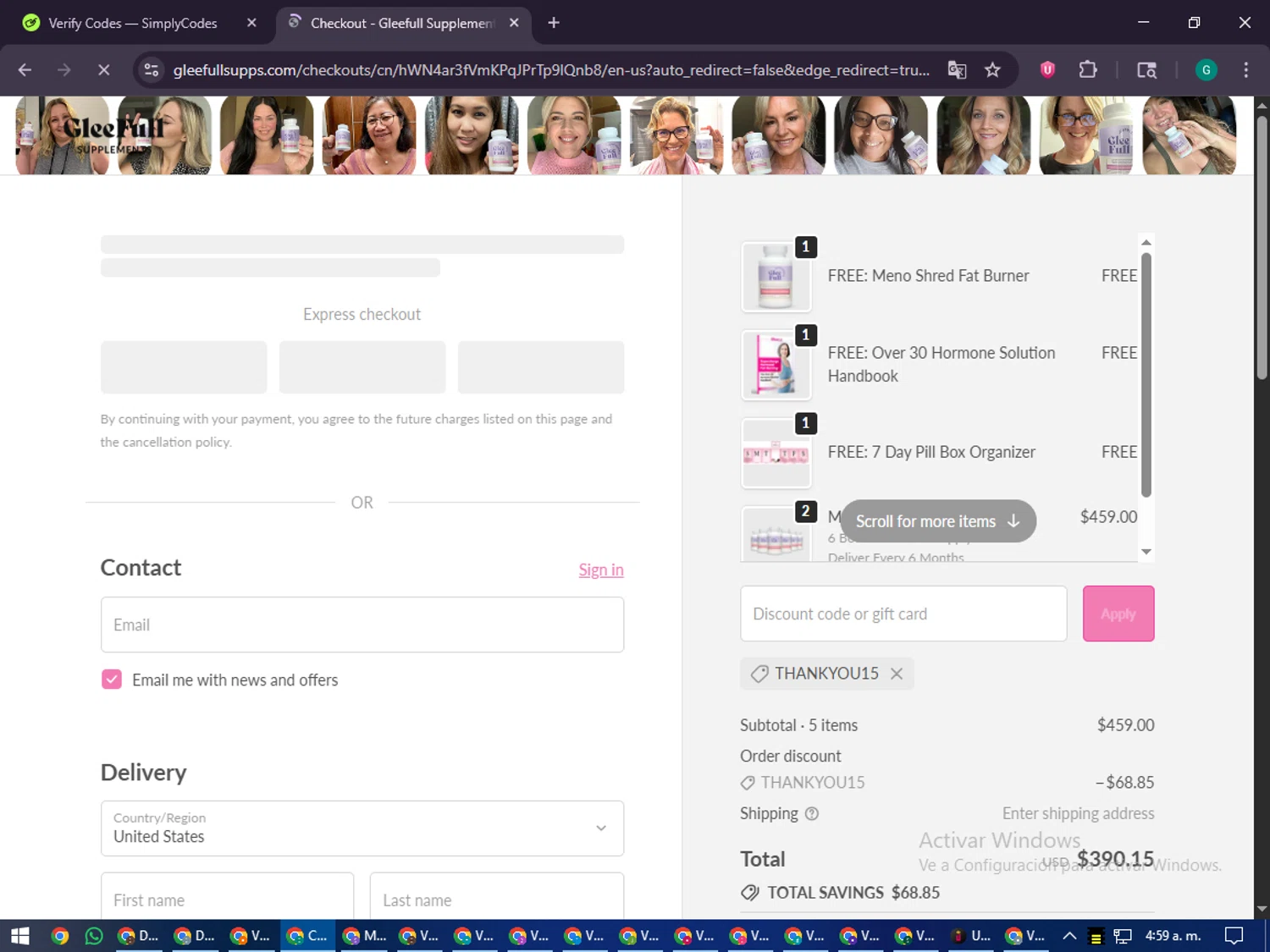 GleeFull promo code screenshot showing code THANKYOU15 applied at GleeFull checkout page. Uploaded by SimplyCodes community member PennyFinder5759 on Oct 27, 2025