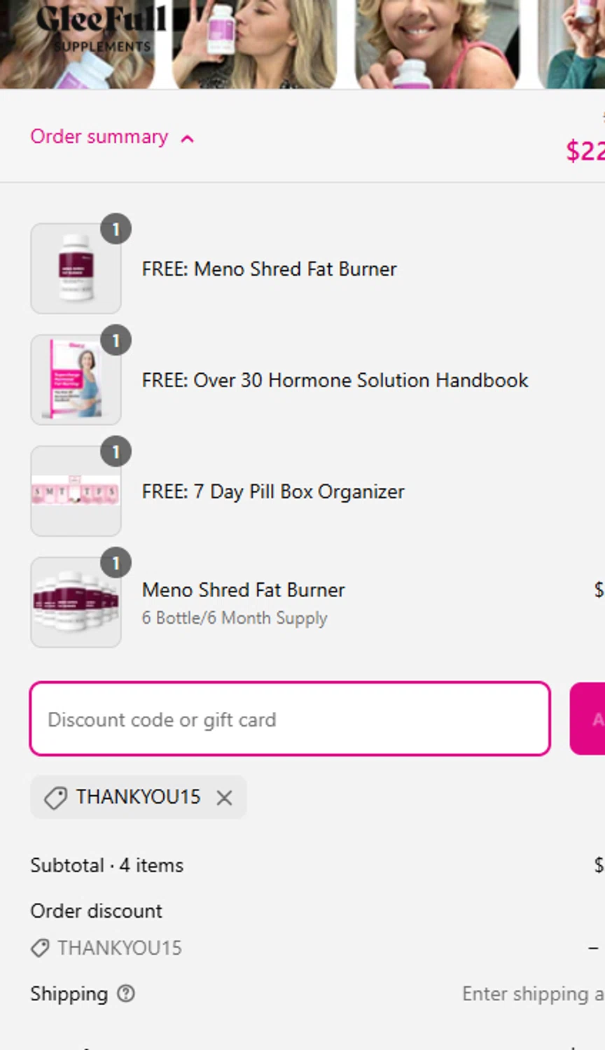 GleeFull promo code screenshot showing code THANKYOU15 applied at GleeFull checkout page. Uploaded by SimplyCodes community member ValueHawk3038 on Mar 26, 2025