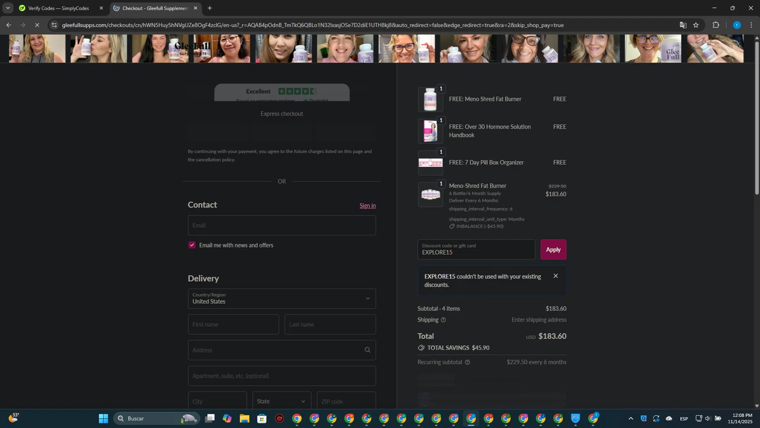 GleeFull promo code screenshot showing code EXPLORE15 applied at GleeFull checkout page. Uploaded by SimplyCodes community member CouponPhoenix3444 on Nov 14, 2025