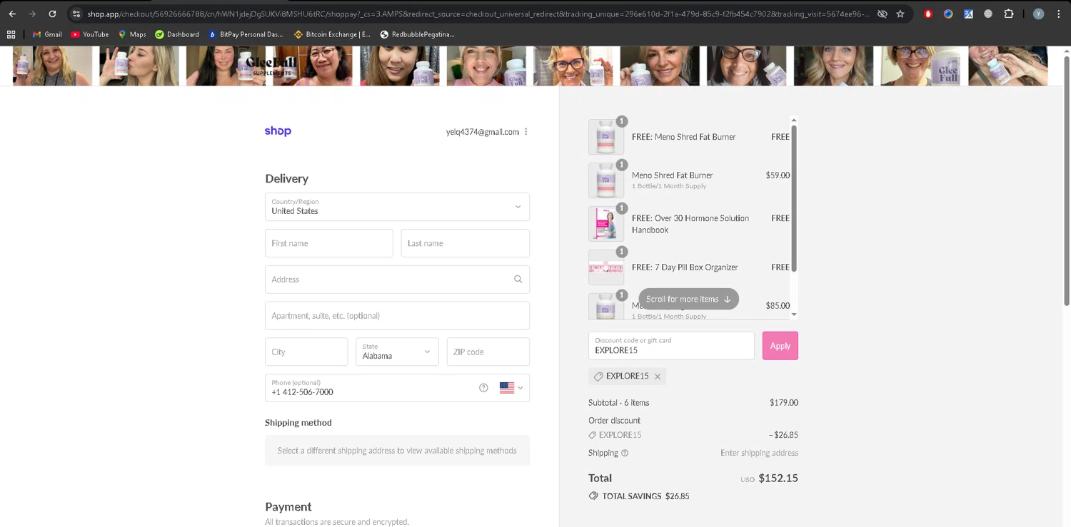 GleeFull promo code screenshot showing code EXPLORE15 applied at GleeFull checkout page. Uploaded by SimplyCodes community member YJMQ95 on Aug 13, 2025