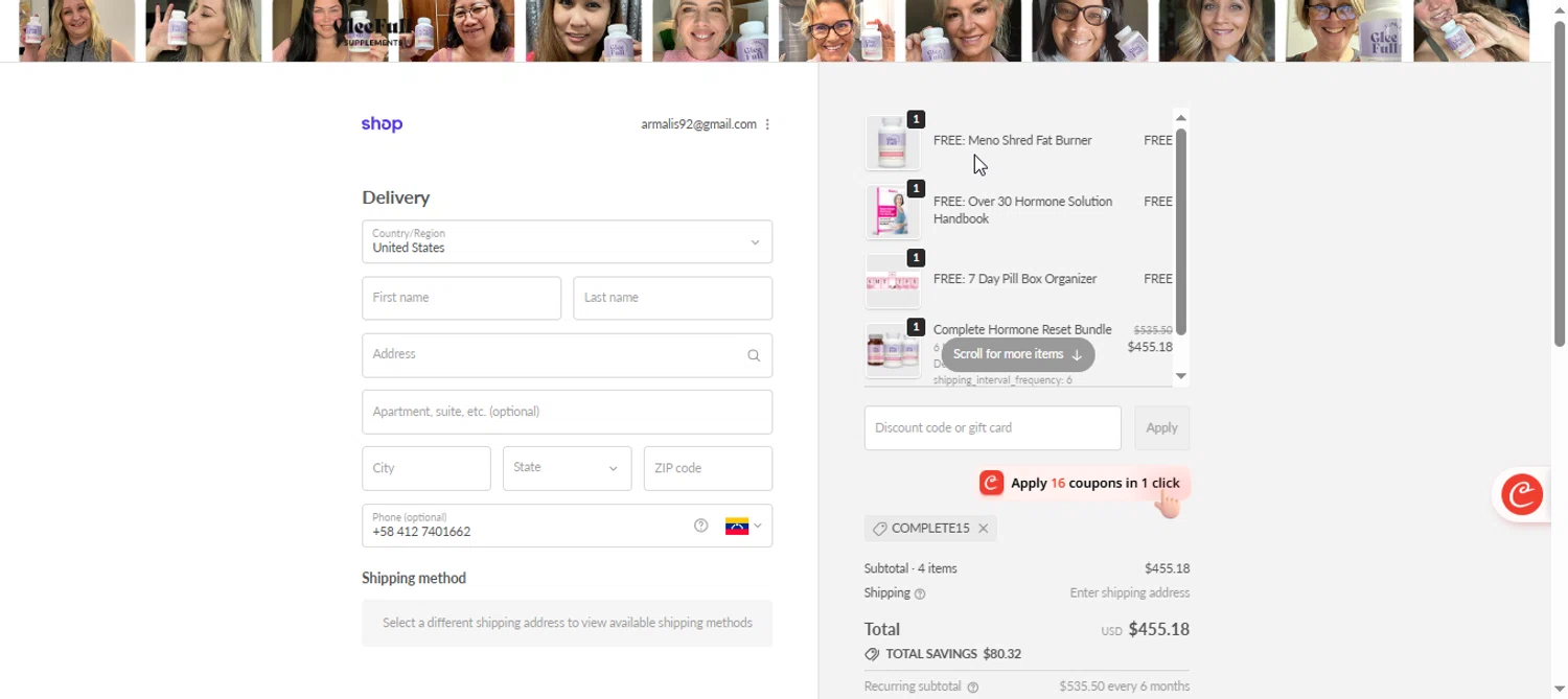 GleeFull promo code screenshot showing code COMPLETE15 applied at GleeFull checkout page. Uploaded by SimplyCodes community member armalissolorzano1 on Nov 21, 2025