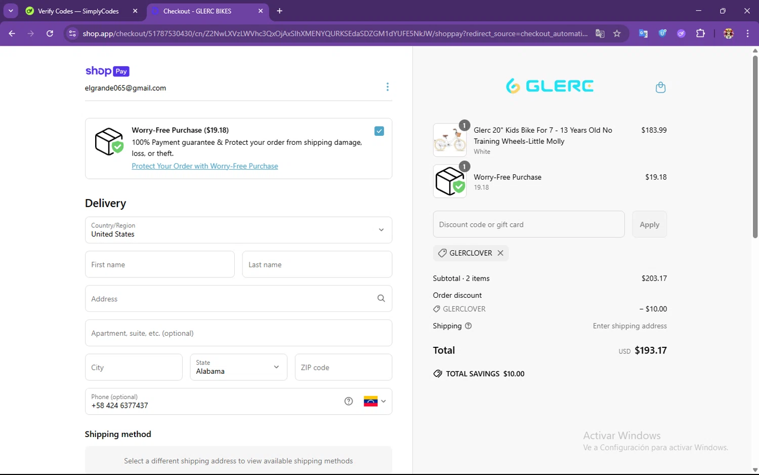 Glerc Kids Bike promo code screenshot showing code Glerclover applied at Glerc Kids Bike checkout page. Uploaded by SimplyCodes community member PrimeSeeker905 on Jun 16, 2025