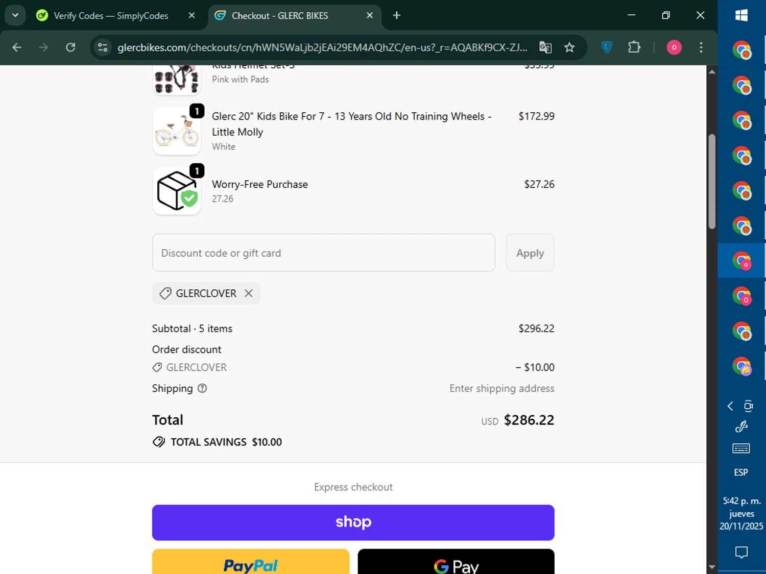 Glerc Kids Bike promo code screenshot showing code Glerclover applied at Glerc Kids Bike checkout page. Uploaded by SimplyCodes community member RebateNavigator926 on Nov 20, 2025