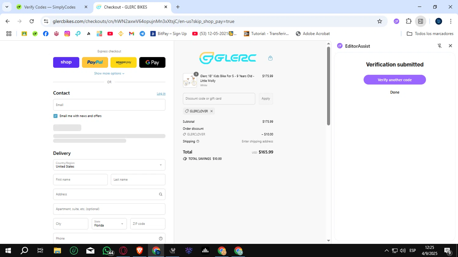 Glerc Kids Bike promo code screenshot showing code Glerclover applied at Glerc Kids Bike checkout page. Uploaded by SimplyCodes community member SunJinWoo on Sep 4, 2025