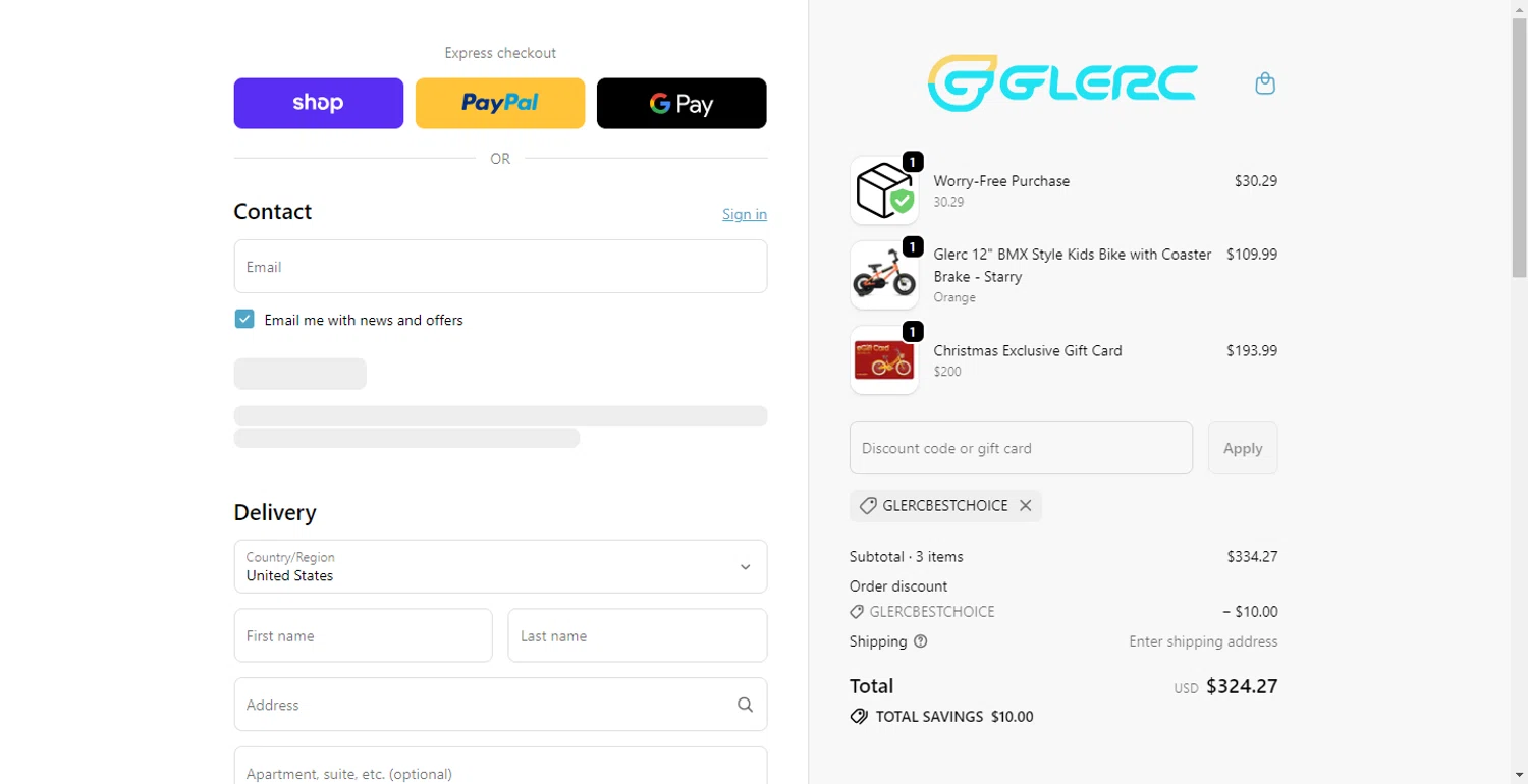 Glerc Kids Bike promo code screenshot showing code GLERCBESTCHOICE applied at Glerc Kids Bike checkout page. Uploaded by SimplyCodes community member DiscountPhoenix427 on Nov 30, 2025