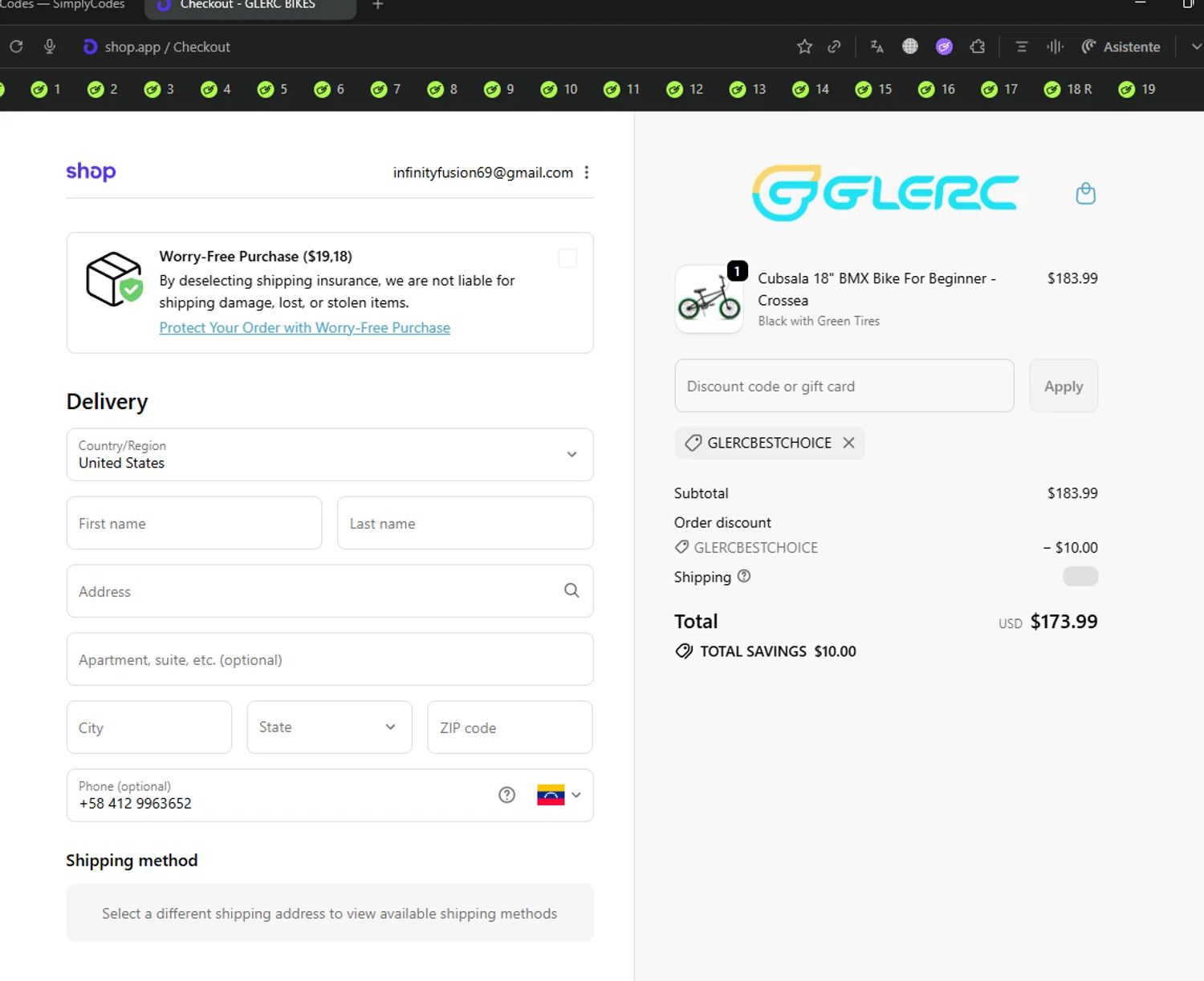 Glerc Kids Bike promo code screenshot showing code GLERCBESTCHOICE applied at Glerc Kids Bike checkout page. Uploaded by SimplyCodes community member Locura on Oct 24, 2025