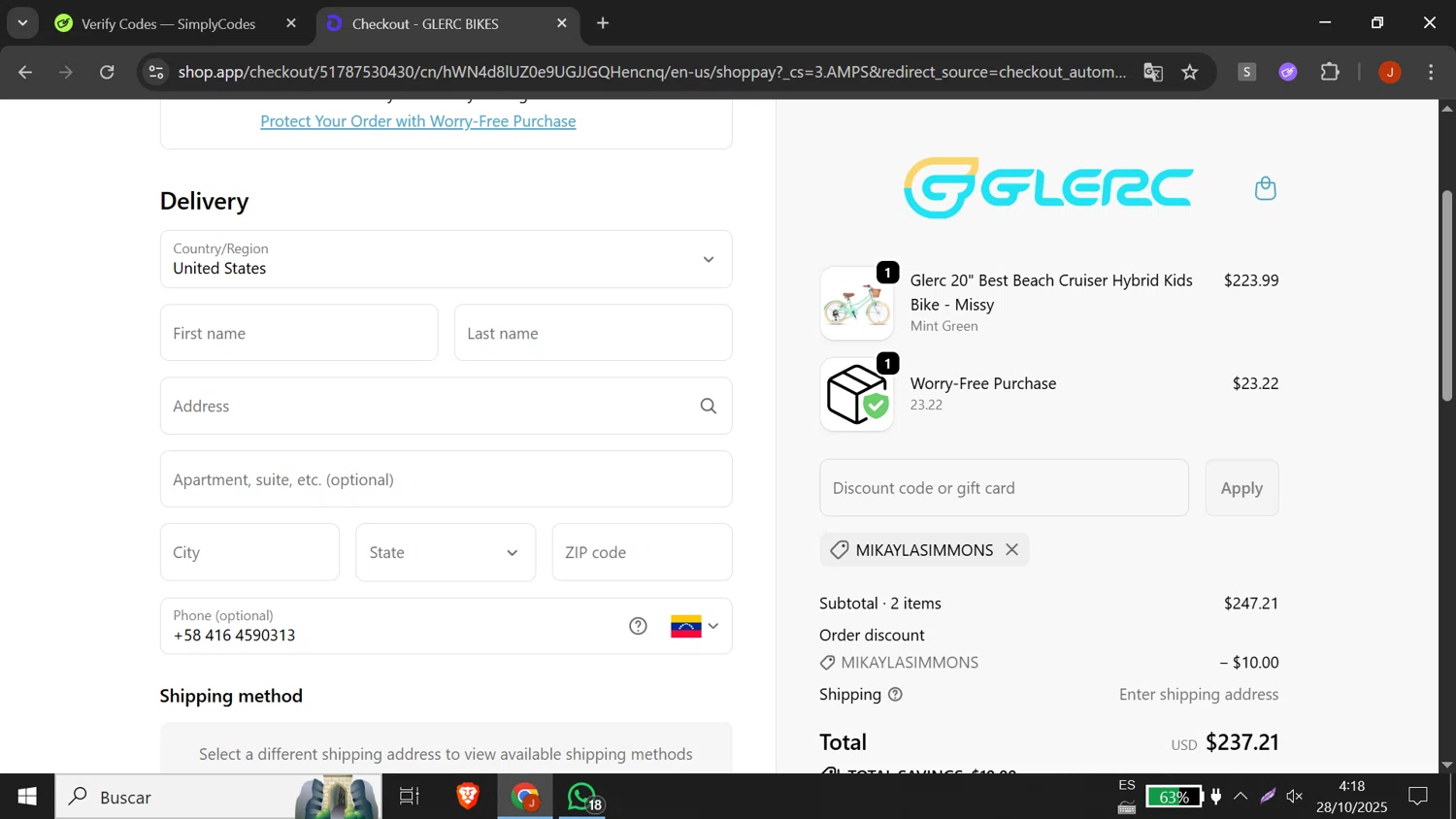 Glerc Kids Bike promo code screenshot showing code MIKAYLASIMMONS applied at Glerc Kids Bike checkout page. Uploaded by SimplyCodes community member DORIANGEL on Oct 28, 2025