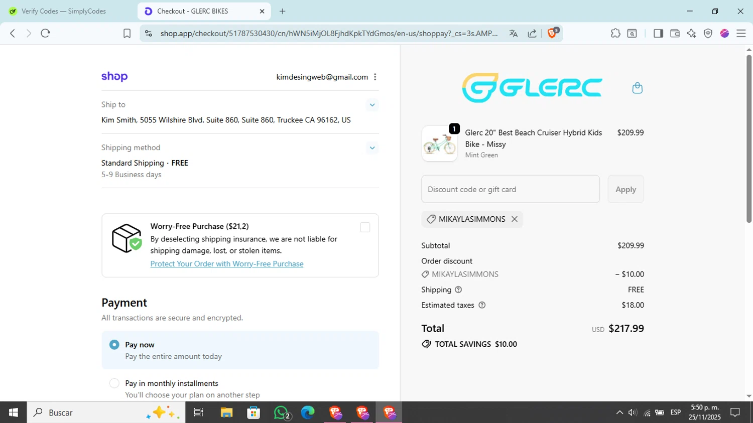 Glerc Kids Bike promo code screenshot showing code MIKAYLASIMMONS applied at Glerc Kids Bike checkout page. Uploaded by SimplyCodes community member Kim_michi on Nov 25, 2025