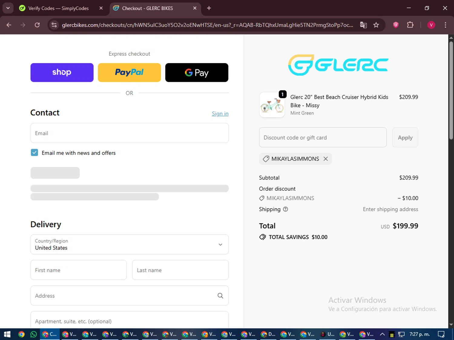 Glerc Kids Bike promo code screenshot showing code MIKAYLASIMMONS applied at Glerc Kids Bike checkout page. Uploaded by SimplyCodes community member ShieldEagle6102 on Nov 30, 2025