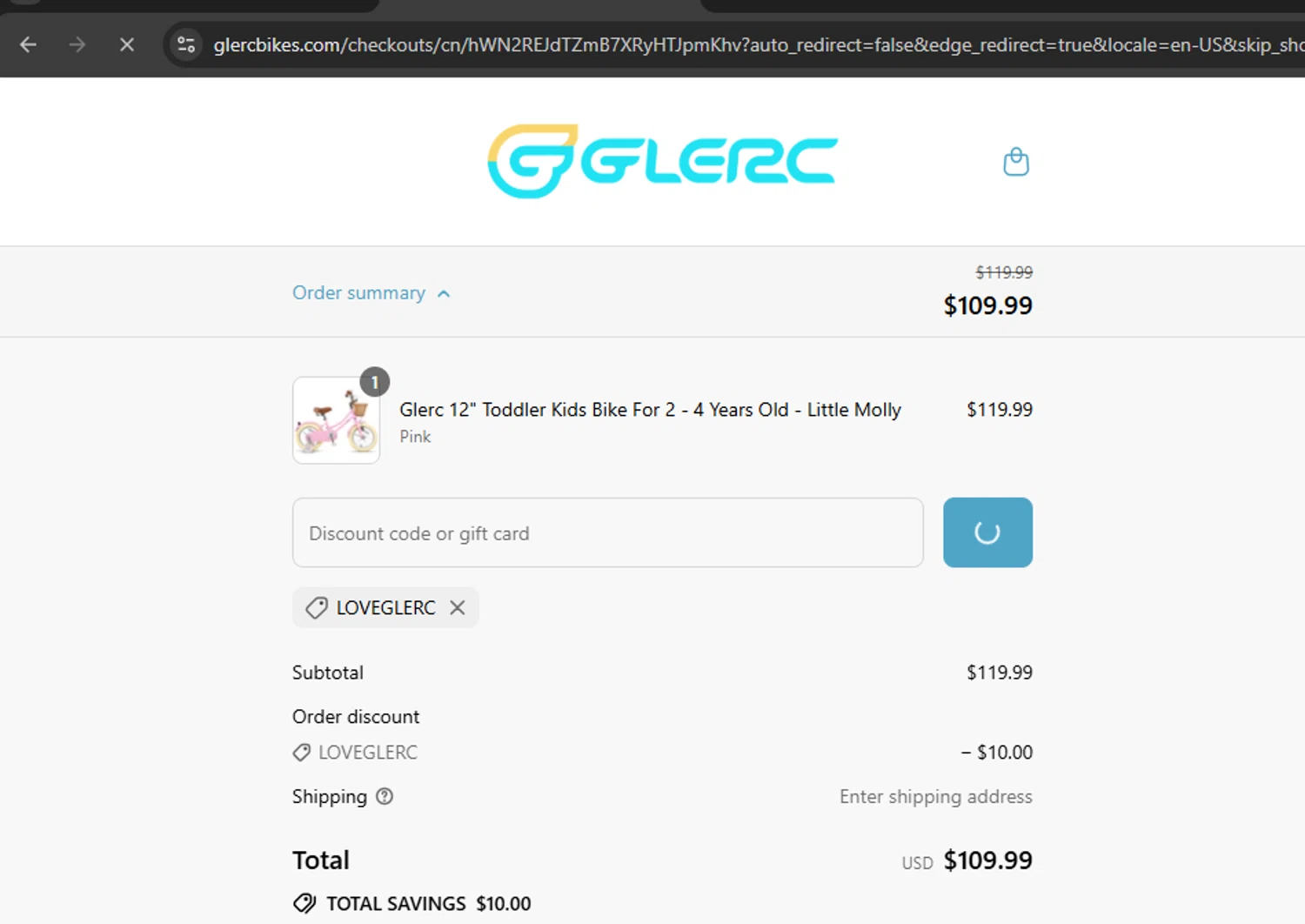 Glerc Kids Bike promo code screenshot showing code LOVEGLERC applied at Glerc Kids Bike checkout page. Uploaded by SimplyCodes community member ExtraordinarySleuth3936 on Aug 31, 2025
