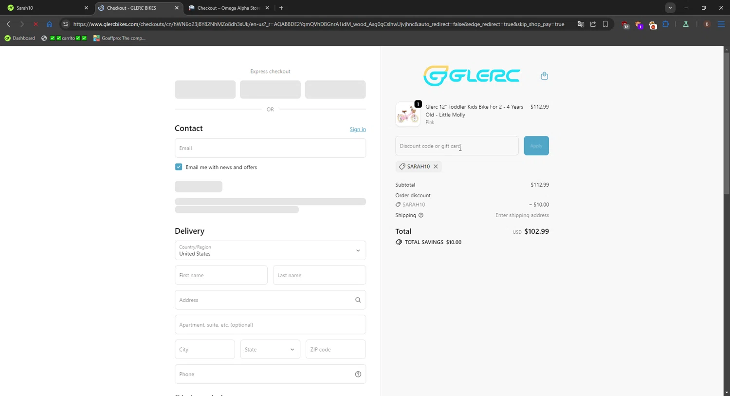 Glerc Kids Bike promo code screenshot showing code Sarah10 applied at Glerc Kids Bike checkout page. Uploaded by SimplyCodes community member FrugalShopper1585 on Dec 24, 2025