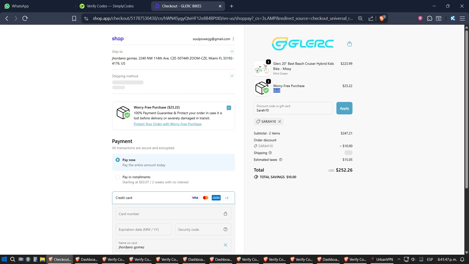 Glerc Kids Bike promo code screenshot showing code Sarah10 applied at Glerc Kids Bike checkout page. Uploaded by SimplyCodes community member SimplyGOAT on Oct 24, 2025