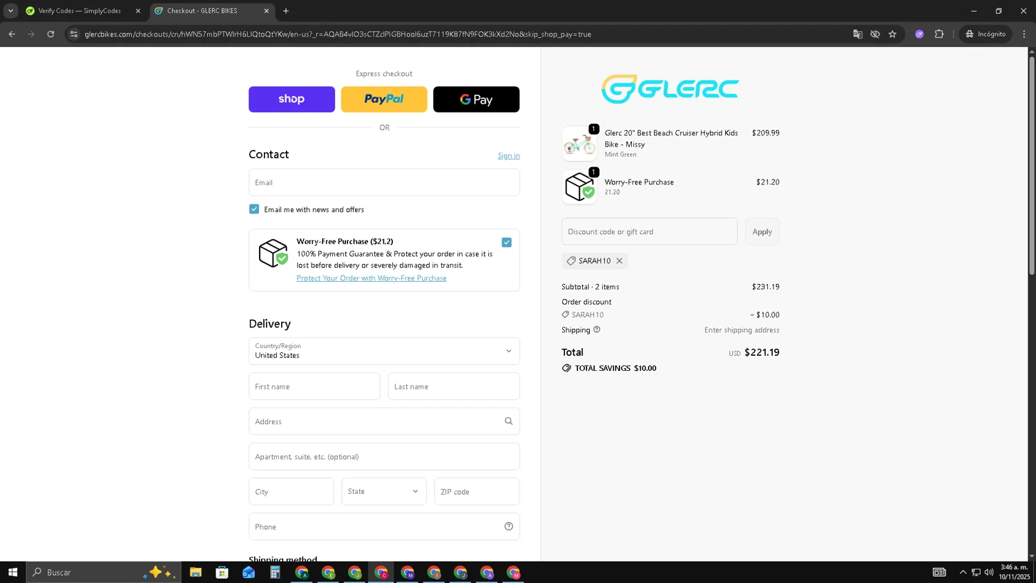 Glerc Kids Bike promo code screenshot showing code Sarah10 applied at Glerc Kids Bike checkout page. Uploaded by SimplyCodes community member TOROREX250 on Nov 10, 2025