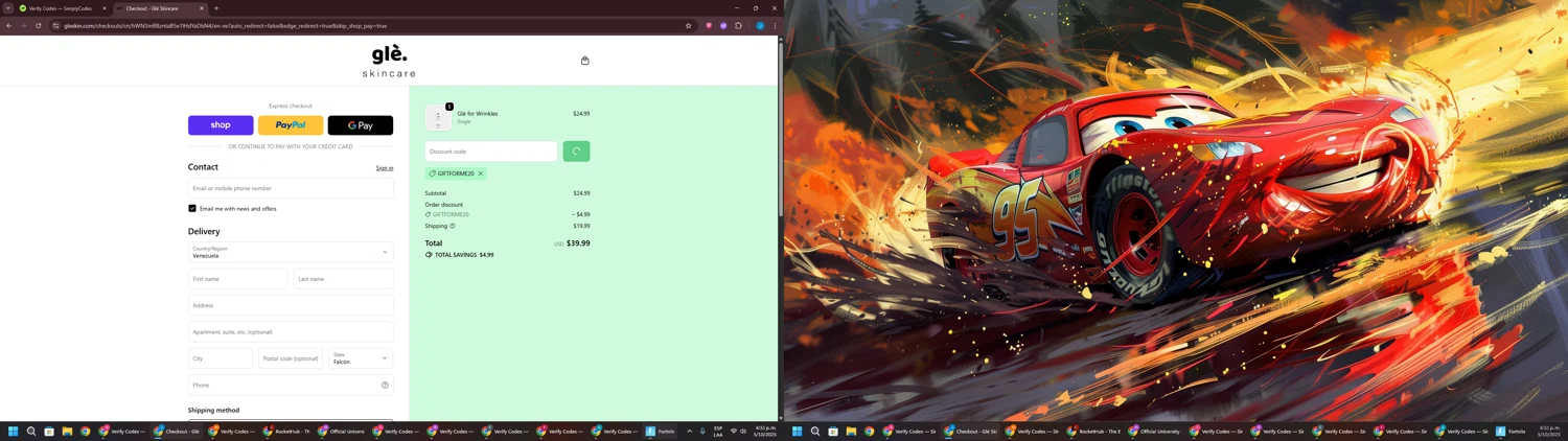 Gle Skincare discount code screenshot showing code GIFTFORME20 applied at Gle Skincare checkout page. Uploaded by SimplyCodes community member BargainGuardian280 on Oct 5, 2025