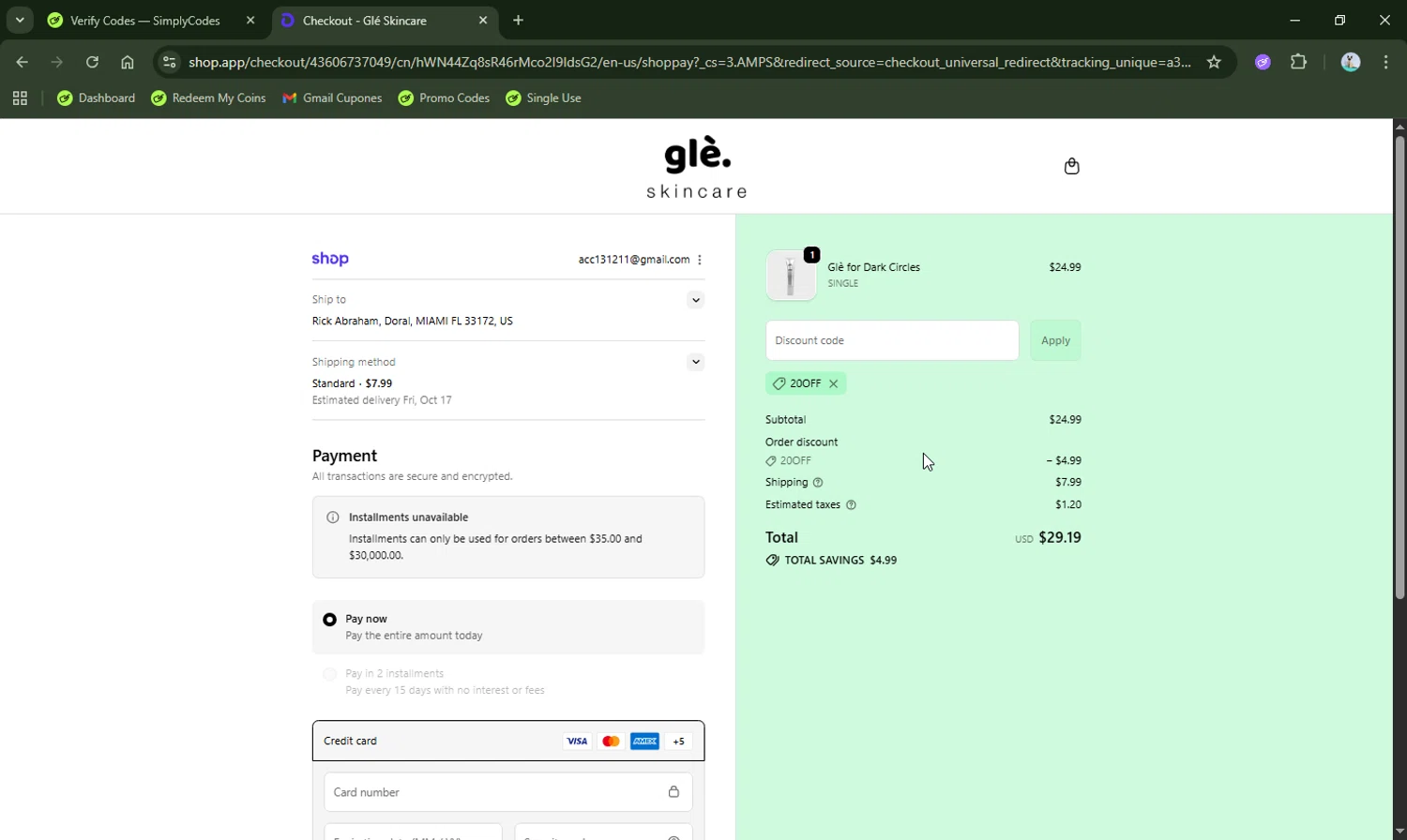 Gle Skincare discount code screenshot showing code 20OFF applied at Gle Skincare checkout page. Uploaded by SimplyCodes community member LHaunter2 on Oct 13, 2025