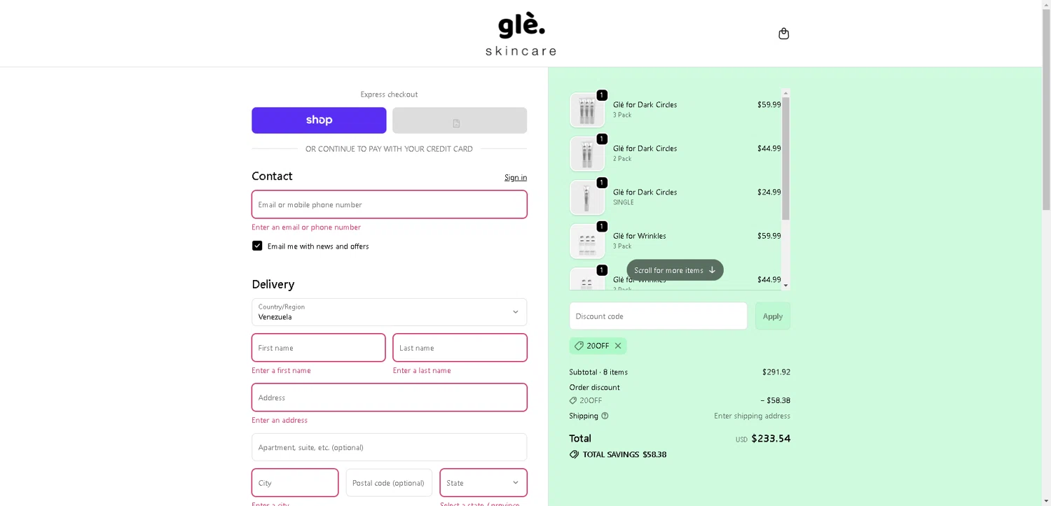Gle Skincare discount code screenshot showing code 20OFF applied at Gle Skincare checkout page. Uploaded by SimplyCodes community member DerekRoberson on Nov 18, 2025