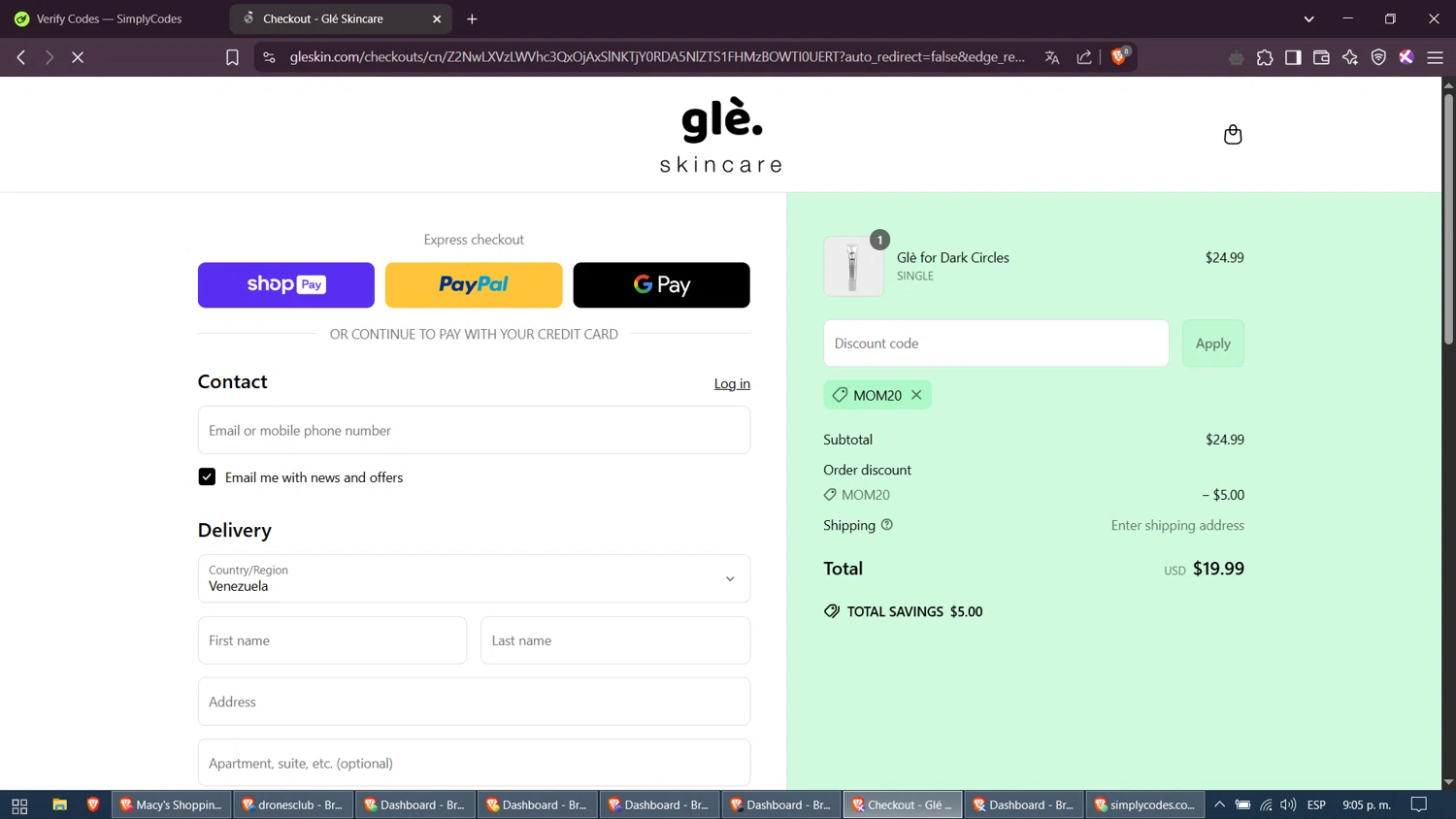 Gle Skincare discount code screenshot showing code MOM20 applied at Gle Skincare checkout page. Uploaded by SimplyCodes community member bombardeen_vzla on Apr 24, 2025