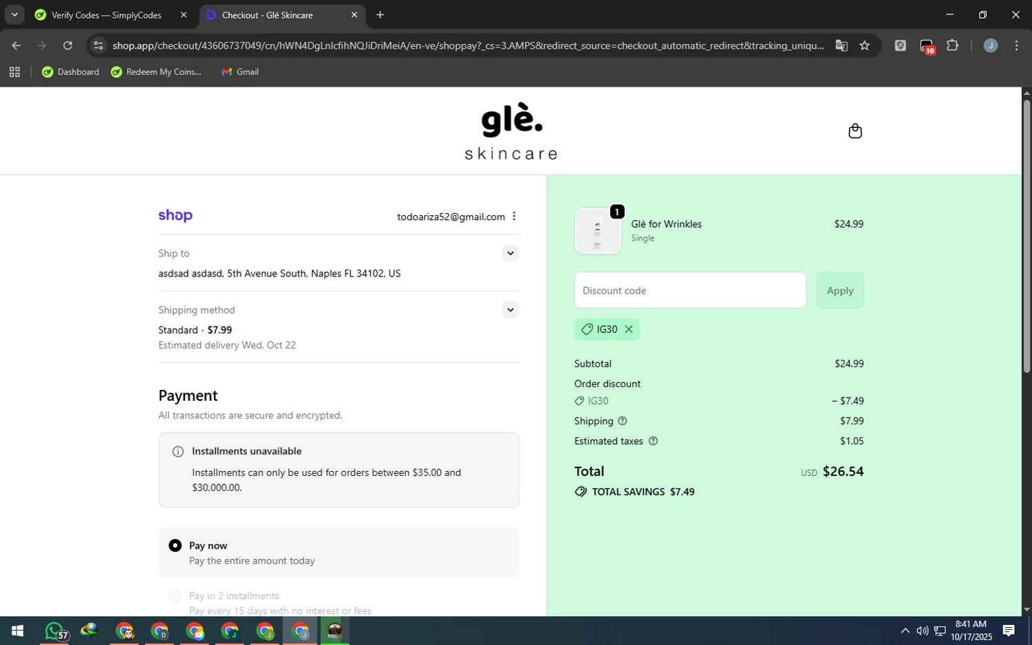 Gle Skincare discount code screenshot showing code IG30 applied at Gle Skincare checkout page. Uploaded by SimplyCodes community member MarkGrayson on Oct 17, 2025