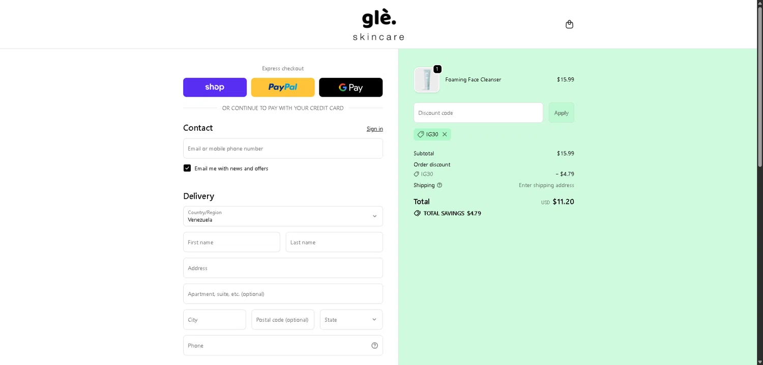 Gle Skincare discount code screenshot showing code IG30 applied at Gle Skincare checkout page. Uploaded by SimplyCodes community member PromoElite4745 on Dec 9, 2025
