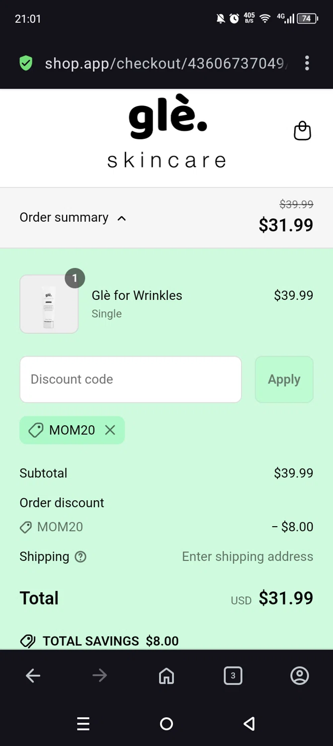 Gle Skincare discount code screenshot showing code MOM20 applied at Gle Skincare checkout page. Uploaded by SimplyCodes community member Olivatle37 on Apr 24, 2025