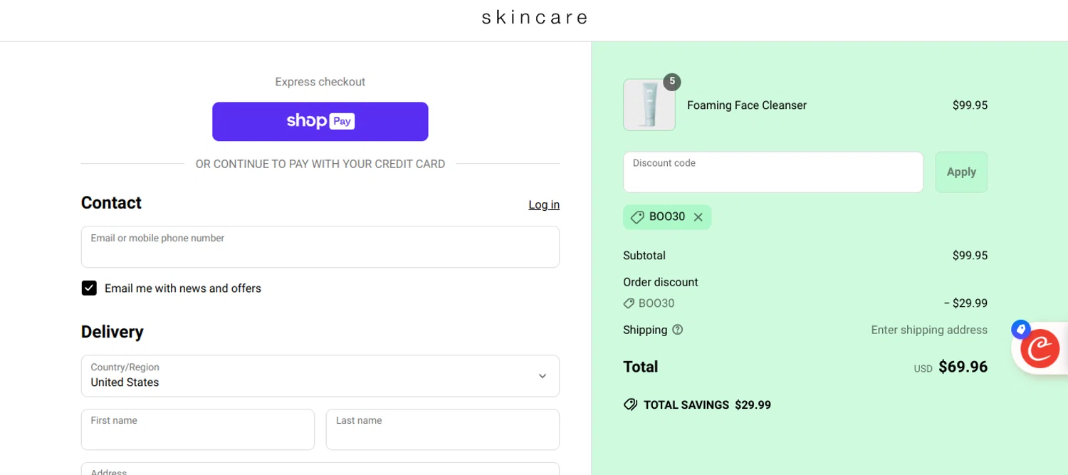 Gle Skincare discount code screenshot showing code BOO30 applied at Gle Skincare checkout page. Uploaded by SimplyCodes community member Speedy on May 23, 2025