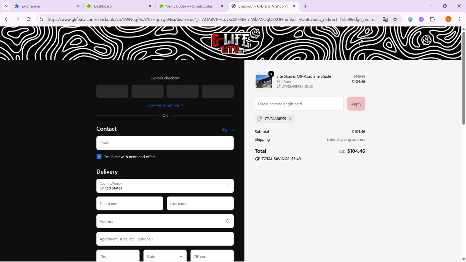G Life UTV promo code screenshot showing code UTVDIARIES5 applied at G Life UTV checkout page. Uploaded by SimplyCodes community member VoucherShopper4674 on Dec 21, 2025