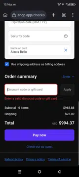 G Life UTV coupon verification screenshot