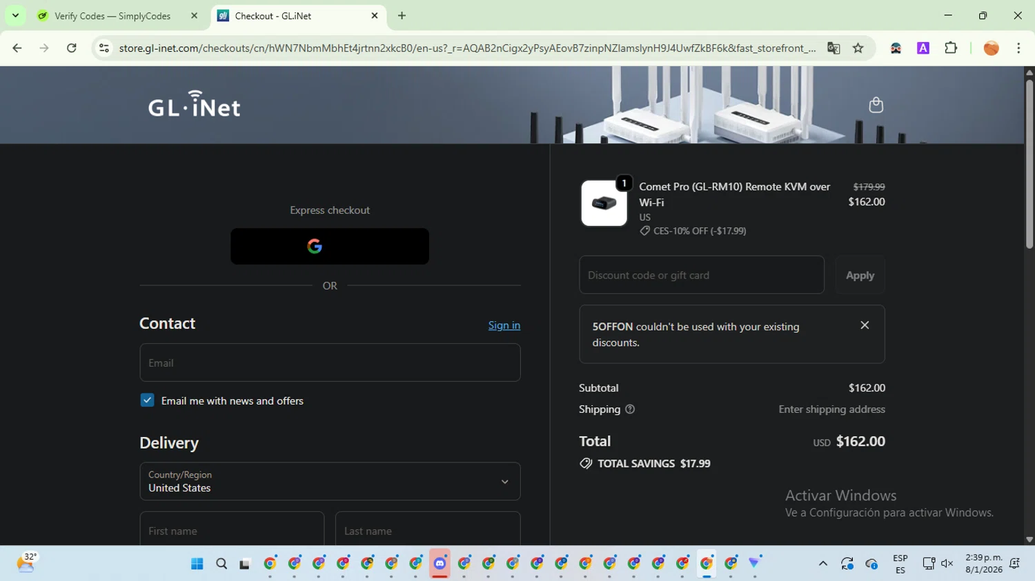 GL.iNet promo code screenshot showing code 5OFFON applied at GL.iNet checkout page. Uploaded by SimplyCodes community member TreasureSentinel5290 on Jan 8, 2026