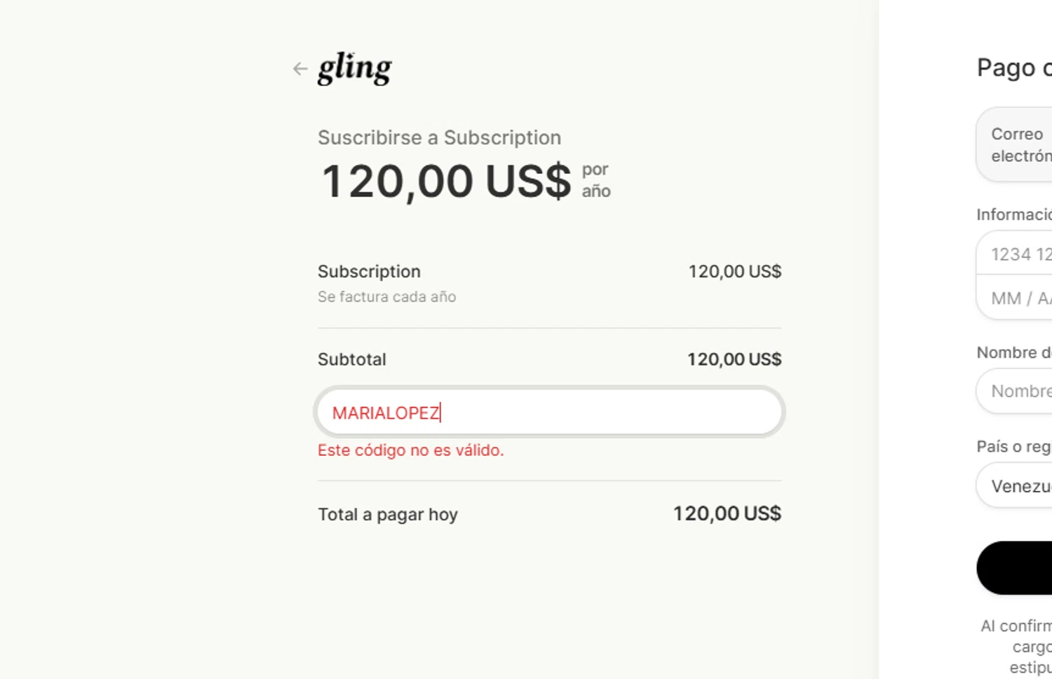 Gling promo code screenshot showing code marialopez applied at Gling checkout page. Uploaded by SimplyCodes community member Acidwire on Mar 4, 2025