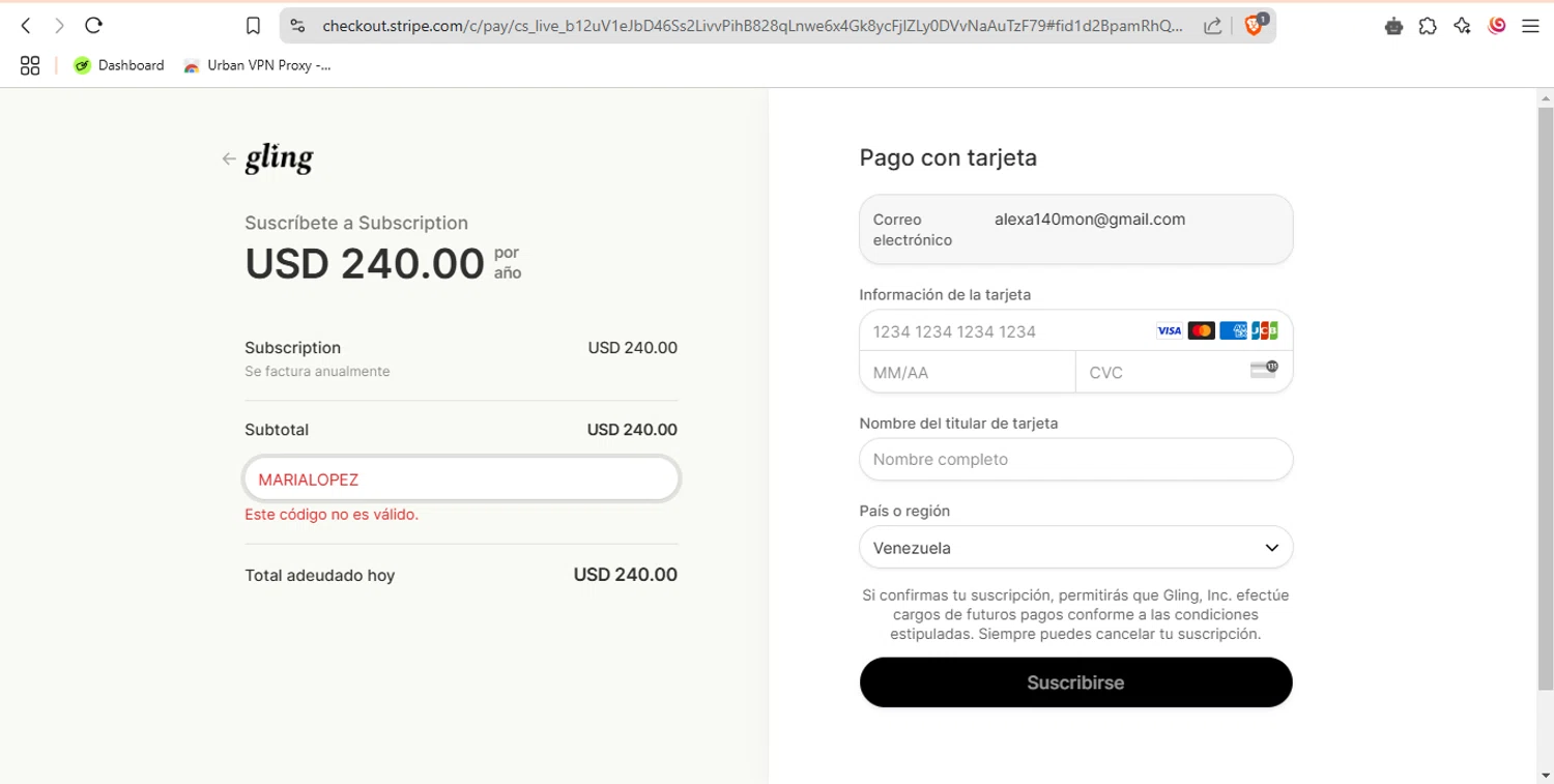 Gling promo code screenshot showing code marialopez applied at Gling checkout page. Uploaded by SimplyCodes community member pipemalkovich on Feb 18, 2025