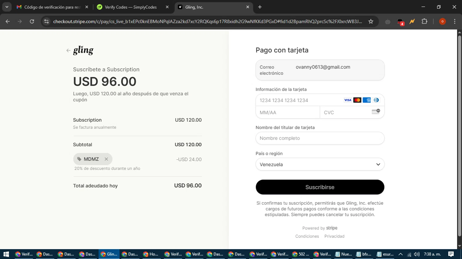 Gling promo code screenshot showing code MDMZ applied at Gling checkout page. Uploaded by SimplyCodes community member WiseTracker2171 on Apr 20, 2025