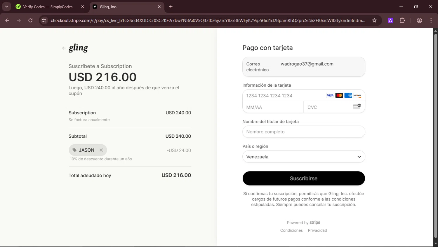 Gling promo code screenshot showing code JASON applied at Gling checkout page. Uploaded by SimplyCodes community member RoyalLegend4835 on Jun 12, 2025
