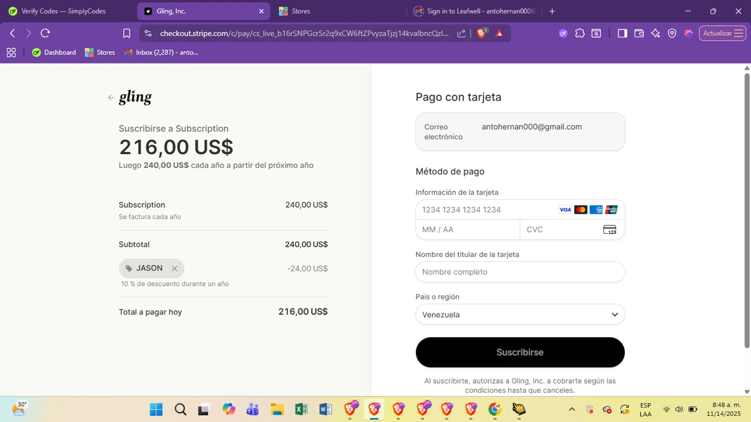 Gling promo code screenshot showing code JASON applied at Gling checkout page. Uploaded by SimplyCodes community member antoooooooooooooo on Nov 14, 2025