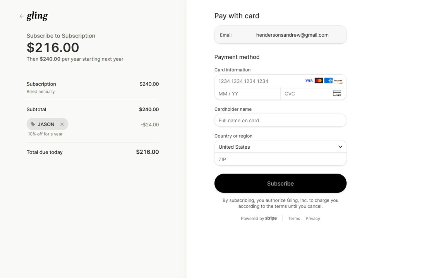 Gling checkout page showing Gling promo code box | Screenshot taken by SimplyCodes community member on Jan 20, 2026