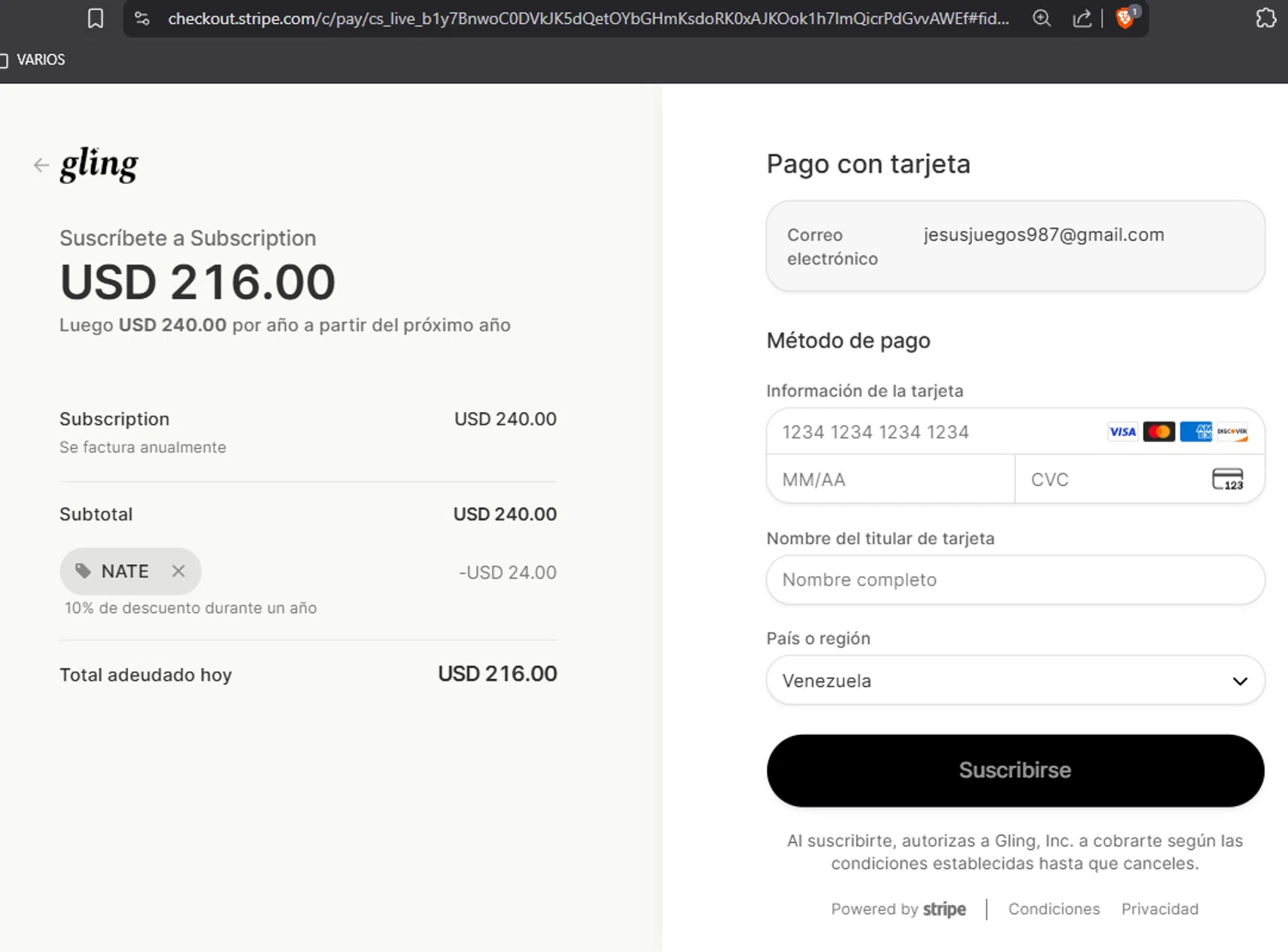 Gling promo code screenshot showing code NATE applied at Gling checkout page. Uploaded by SimplyCodes community member MiguelI on Dec 4, 2025