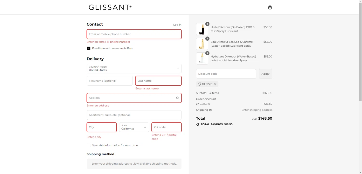 Glissant promo code screenshot showing code GLISS10 applied at Glissant checkout page. Uploaded by SimplyCodes community member CleverHawk1744 on Aug 9, 2025