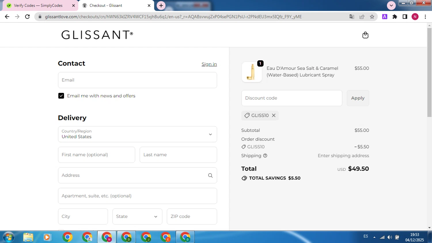 Glissant promo code screenshot showing code GLISS10 applied at Glissant checkout page. Uploaded by SimplyCodes community member SilverMaverick387 on Dec 4, 2025