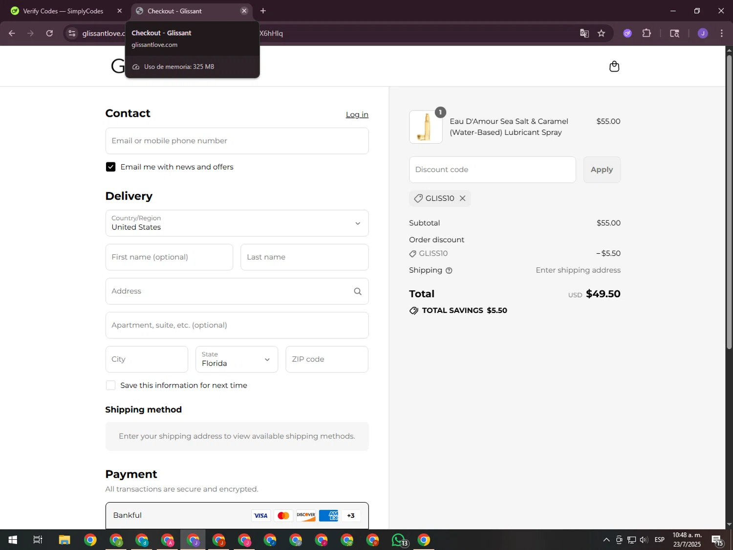 Glissant promo code screenshot showing code GLISS10 applied at Glissant checkout page. Uploaded by SimplyCodes community member ValueHero2277 on Jul 23, 2025