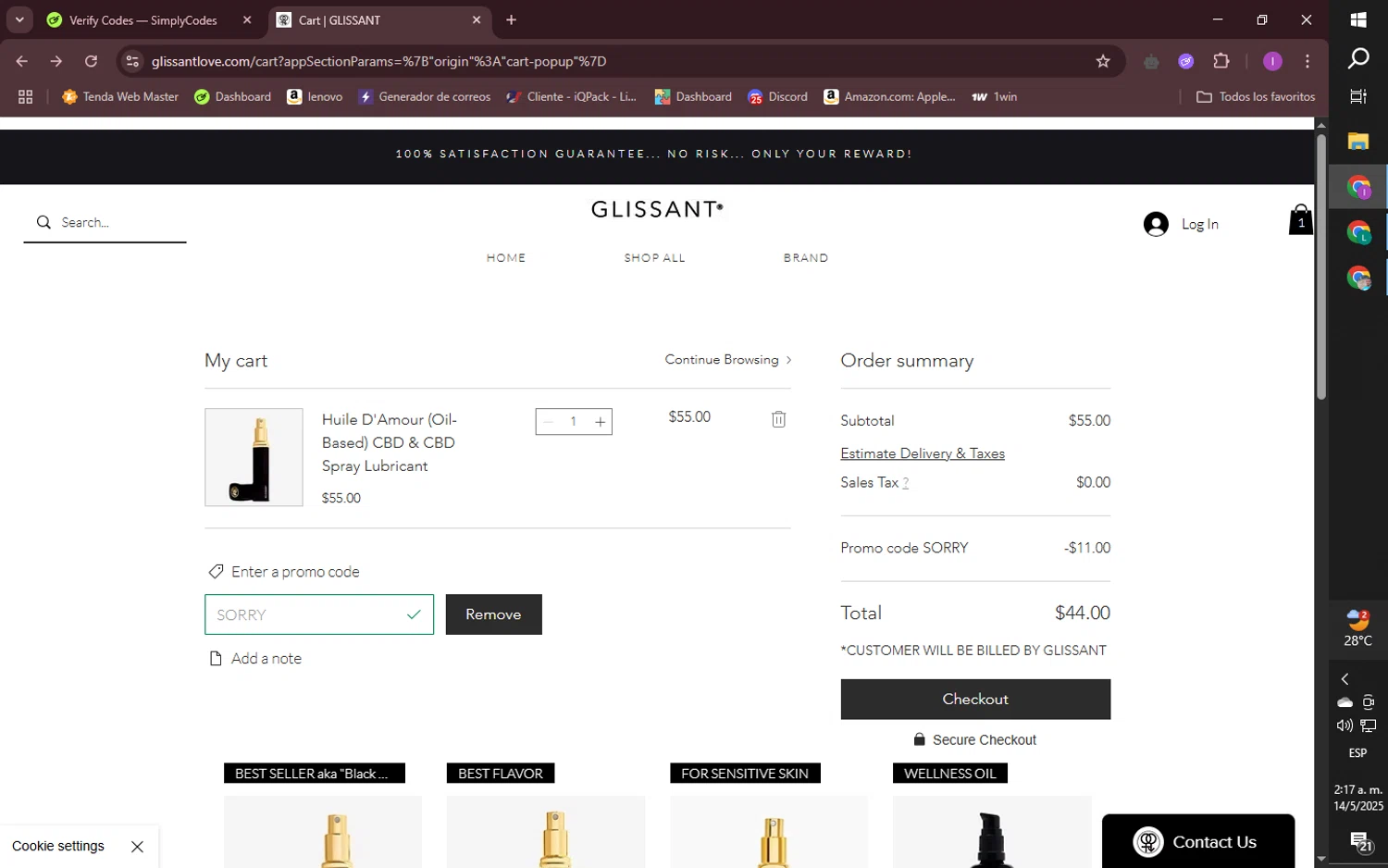 Glissant promo code screenshot showing code SORRY applied at Glissant checkout page. Uploaded by SimplyCodes community member LiaCamila on May 14, 2025