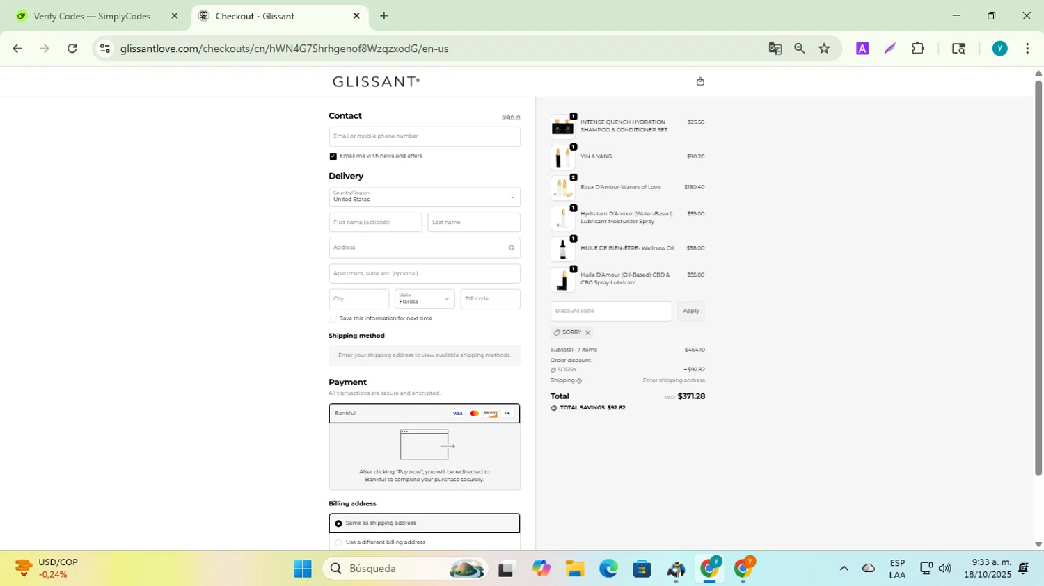 Glissant promo code screenshot showing code SORRY applied at Glissant checkout page. Uploaded by SimplyCodes community member yadiracg074 on Oct 18, 2025