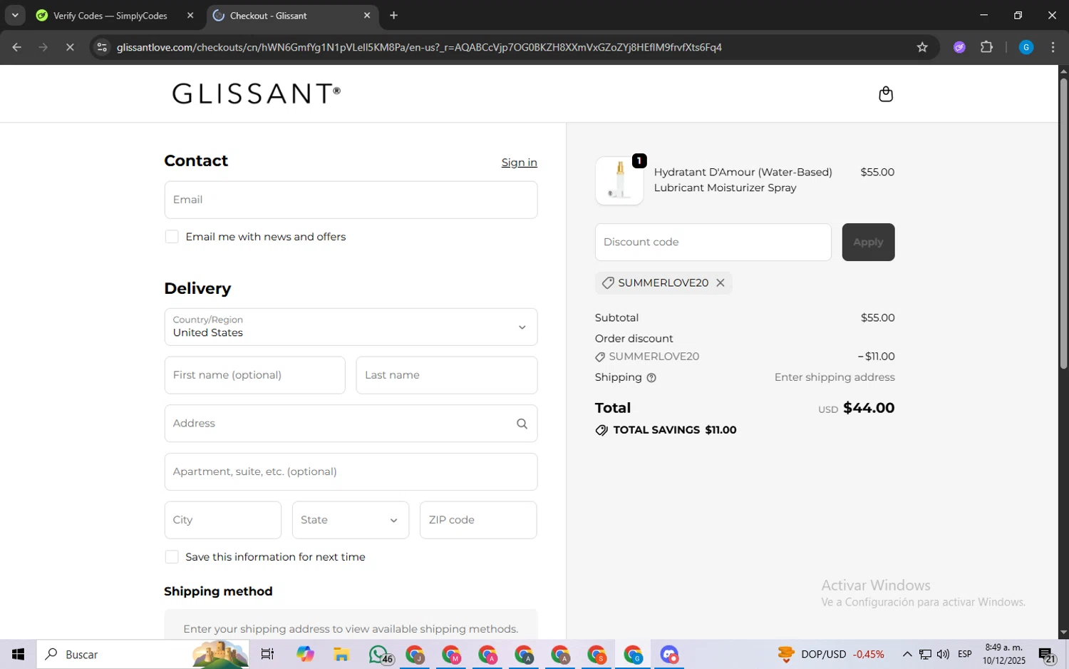 Glissant promo code screenshot showing code SUMMERLOVE20 applied at Glissant checkout page. Uploaded by SimplyCodes community member FrugalLynx8088 on Dec 10, 2025