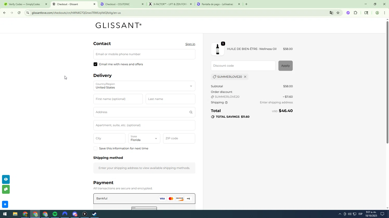 Glissant promo code screenshot showing code SUMMERLOVE20 applied at Glissant checkout page. Uploaded by SimplyCodes community member sfdfgdsfgdfgdfg on Oct 18, 2025