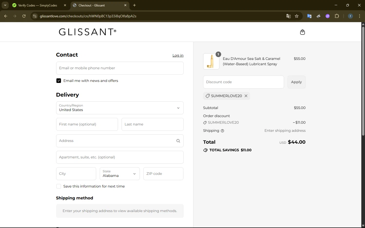 Glissant promo code screenshot showing code SUMMERLOVE20 applied at Glissant checkout page. Uploaded by SimplyCodes community member SmartElite7457 on Jul 20, 2025