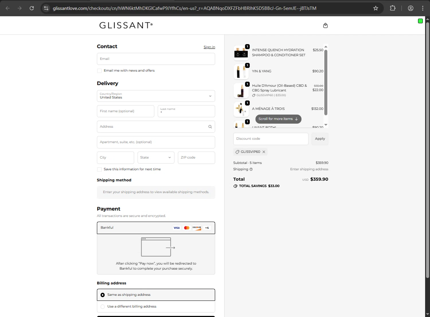 Glissant promo code screenshot showing code GLISSVIP60 applied at Glissant checkout page. Uploaded by SimplyCodes community member yessy37 on Dec 23, 2025