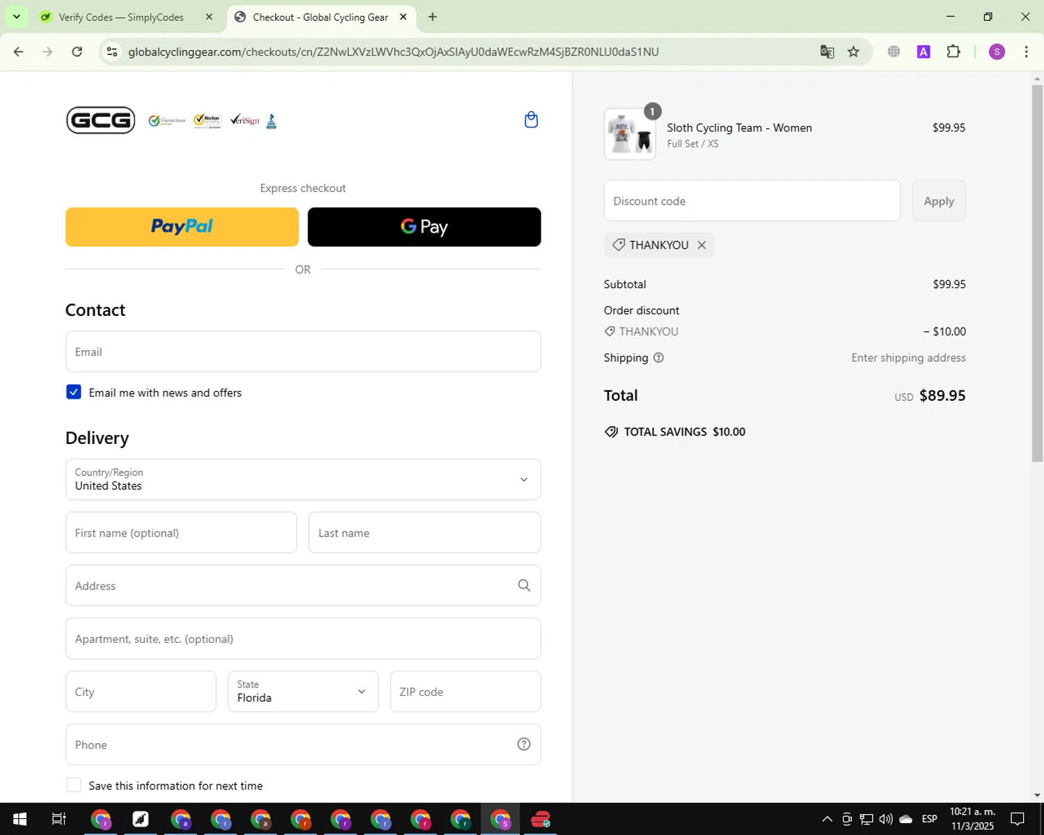 Global Cycling Gear discount code screenshot showing code THANKYOU applied at Global Cycling Gear checkout page. Uploaded by SimplyCodes community member CouponScout7561 on Mar 11, 2025