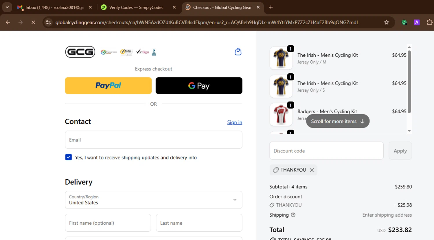 Global Cycling Gear discount code screenshot showing code THANKYOU applied at Global Cycling Gear checkout page. Uploaded by SimplyCodes community member SnoopDogg on Nov 11, 2025